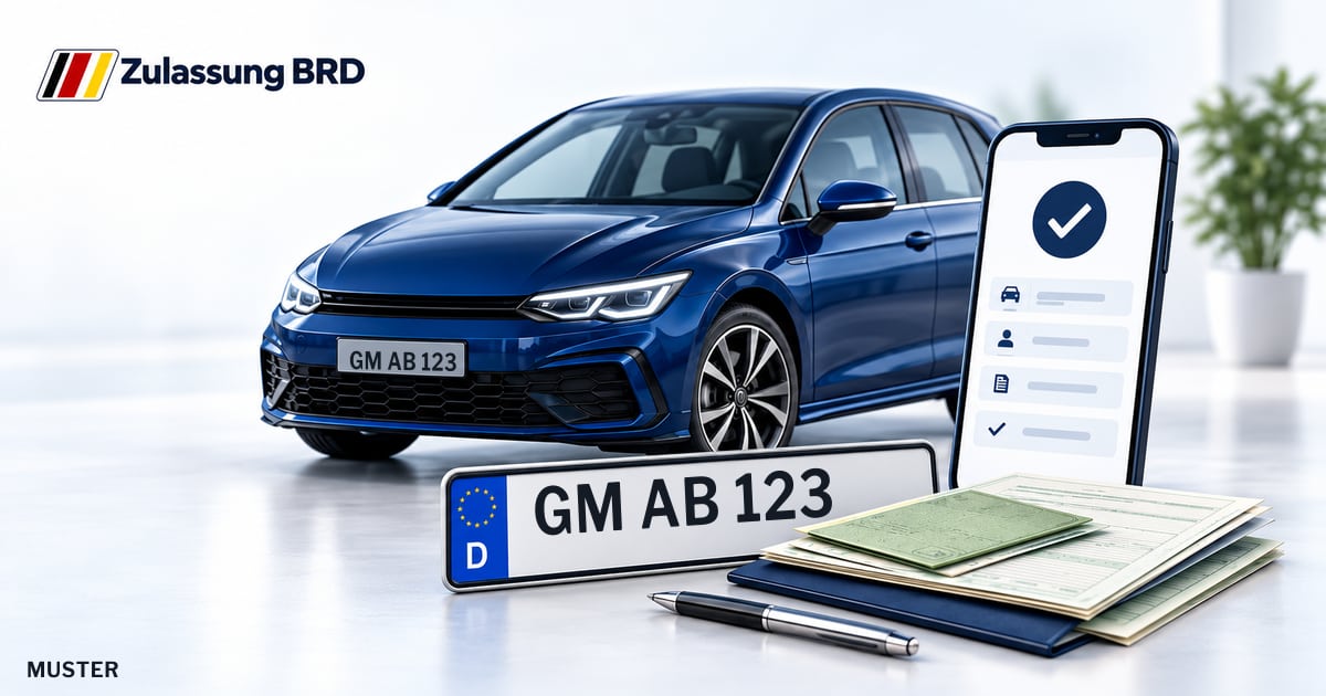 Online Fahrzeugzulassung in Hückeswagen: Musterkennzeichen GM AB 123, Auto und Fahrzeugpapiere und Smartphone. Illustration mit Logo von Zulassung BRD.